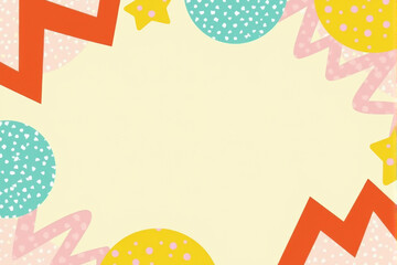 A colorful and playful background with a frame of patterned  in various geometric shape and  colors.