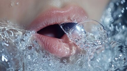 Fototapeta premium Close-up of lips with water splashing, emphasizing fluidity and beauty.