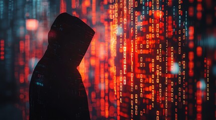 Hacker silhouette amidst digital code matrix