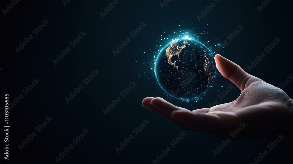 Poster a hand reaching out to touch a holographic projection of a globe, with data streams flowing across c