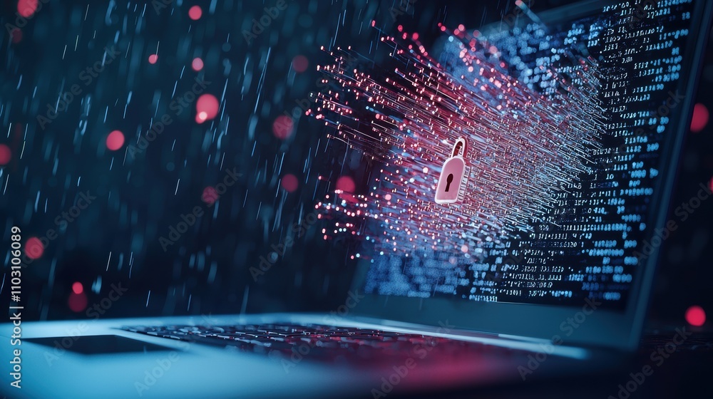 Poster a close up shot of a laptop screen displaying lines of encrypted code flowing across a dark backgrou