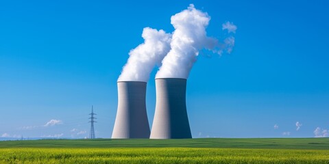 Forecast for peak energy concept Nuclear power plant with cooling towers and steam against a blue sky.