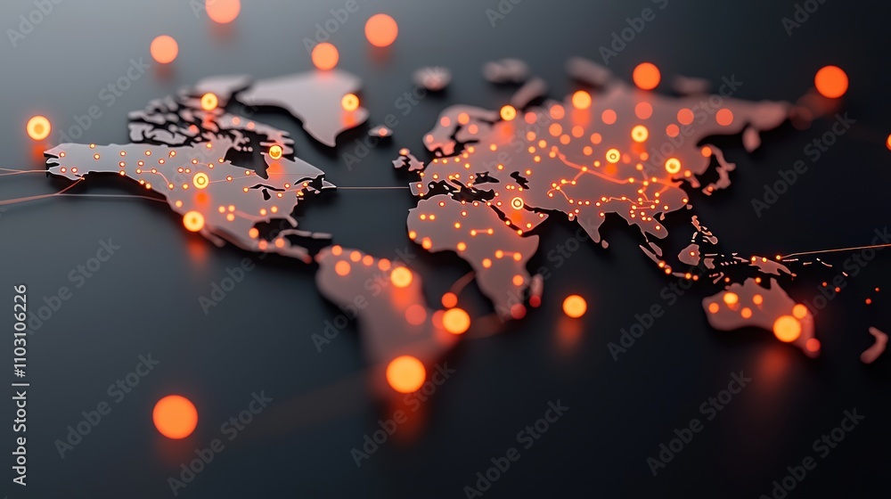 Poster an abstract representation of a digital world map with glowing hotspots representing cyber threats a