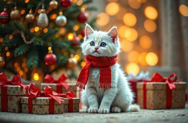 White kitten wearing a red scarf sitting in front of the Christmas tree. Close up. Festive bokeh background 