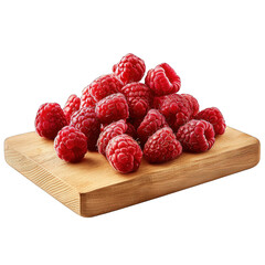 Front view of a pile of cut raspberries on a wooden chopping board isolated on a white transparent background