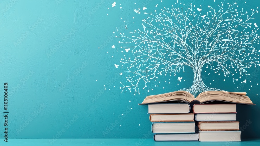 Poster a tree with roots growing into a network of interconnected books, symbolizing the foundation of know
