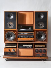 .A vintage turntable with large speakers, showcasing an old-school audio setup - ai