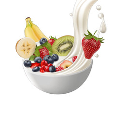 Fruit ceral and pouring milk loop in bowl isolated on transparent background