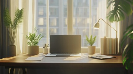 Sunlit Workspace Laptop Illustration, Plants and Books