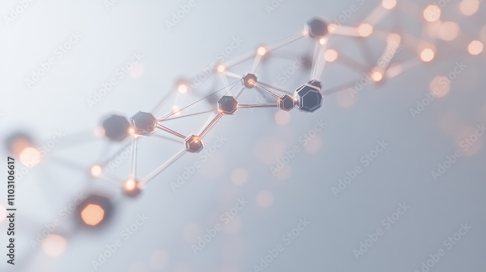 Poster a futuristic digital representation of a dna double helix with glowing hexagon shapes connected