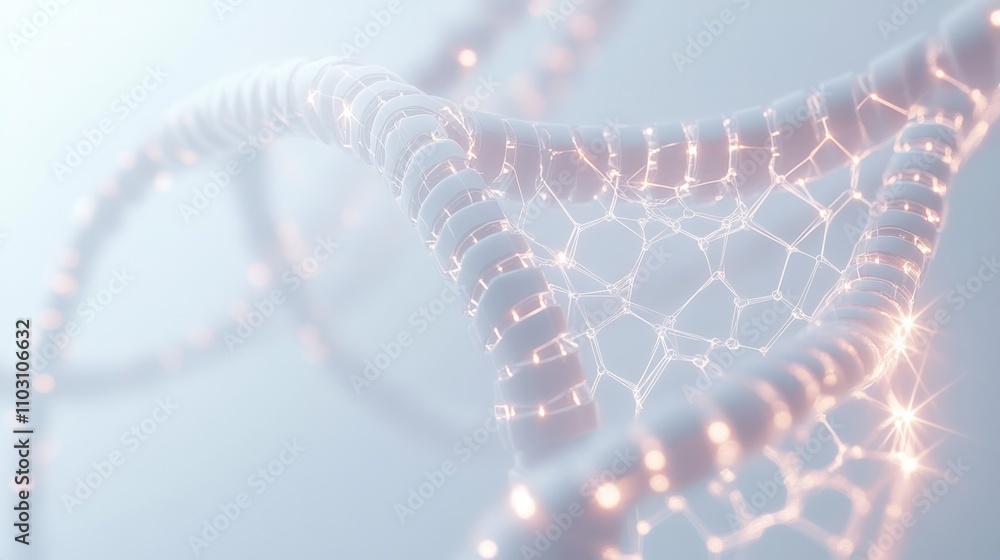 Poster a futuristic digital representation of a dna double helix with glowing hexagon shapes connected