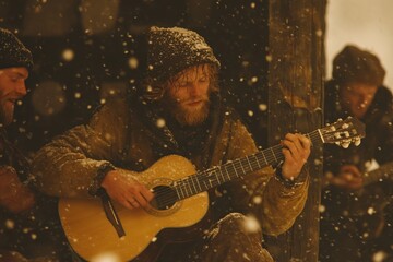 Snowy mountain music: rugged musicians playing guitar in winter wonderland