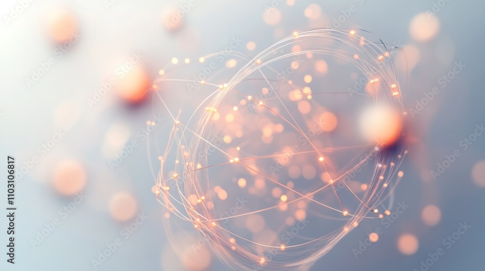 Poster subatomic particles in motion, emitting a soft glow with dotted lines representing quantum fields