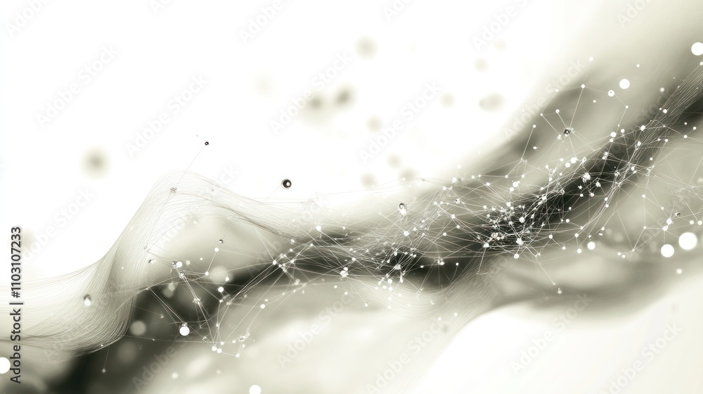 Poster glowing particles floating and swirling in space, representing quantum entanglement, with abstract e
