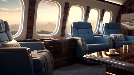 Luxurious Airplane Cabin Interior Featuring Spacious Seating Arrangements and Panoramic Window Views of the Scenic Skies and Clouds Below