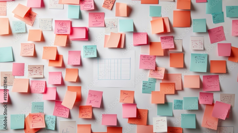Poster a whiteboard covered in sticky notes and diagrams as a team brainstorms ideas and plans out their pr