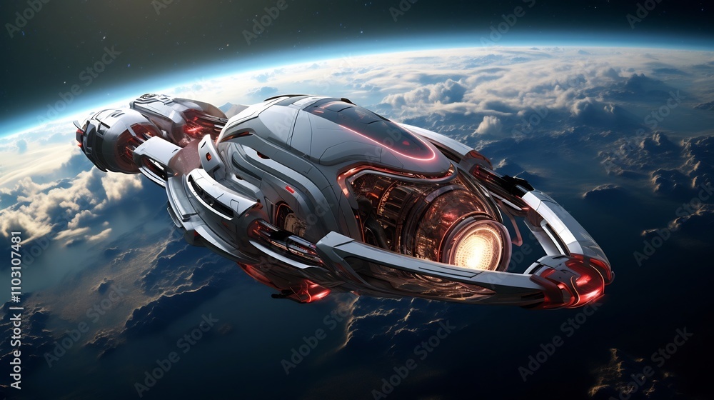 Poster futuristic 3d travel concept depicting tourists exploring outer space in a spacecraft orbiting above