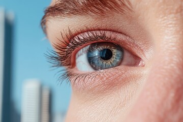 Woman gazing at city skyline: eye close-up reflecting urban landscape