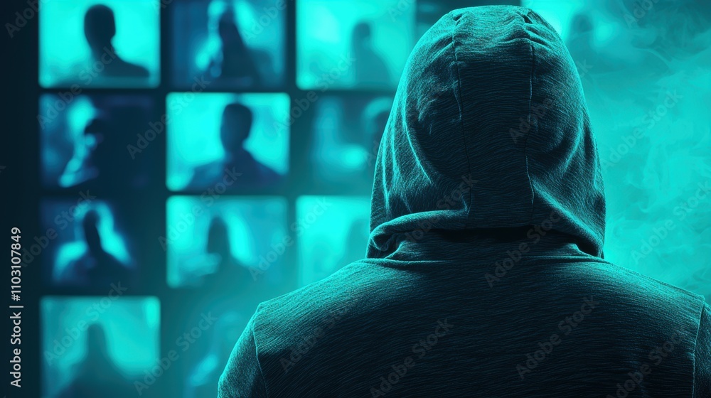 Poster a hooded figure in a dark room illuminated by the glow of multiple computer screens, working on cybe