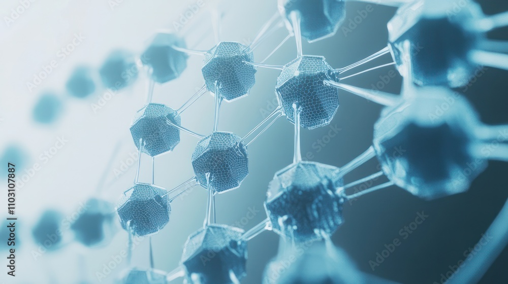 Poster a dna strand with transparent hexagonal elements interlinked around it in a network pattern on a lig