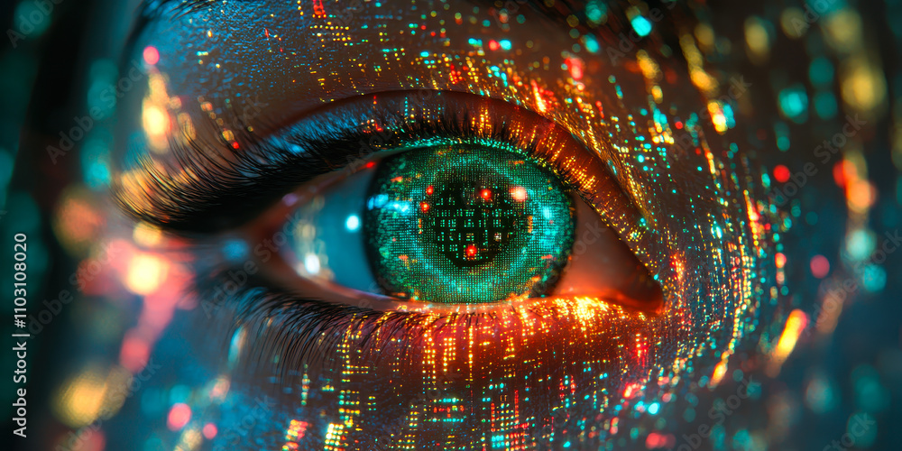 Poster futuristic eye with digital data and ai algorithms visualizing technology innovation