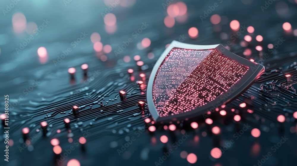 Poster a graphic illustration of a shield protecting a computer network from cyberattacks, with glowing lin