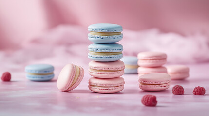 delicate macaron tower featuring pastel hues, each macaron filled with decadent salted caramel or tart raspberry cream.