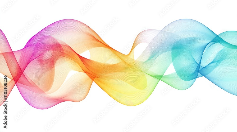 Poster quantum wave function represented by colorful sine waves intersecting and oscillating on a clean