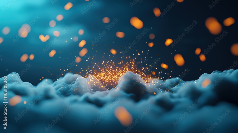 Poster a conceptual image of data flowing through a network of interconnected servers and clouds, represent