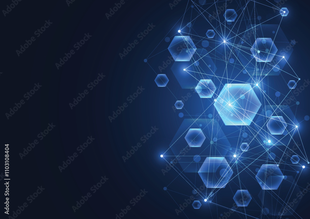 Poster abstract communication technology blue hexagons background for network connection concept with mesh 