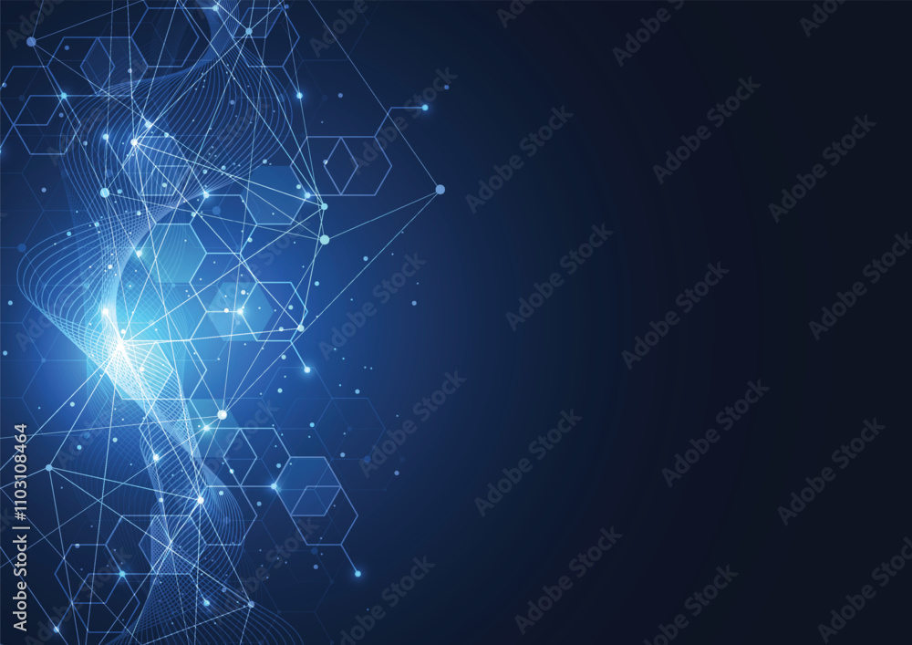 Poster abstract network technology communication blue hexagons background. connection concept with mesh dot