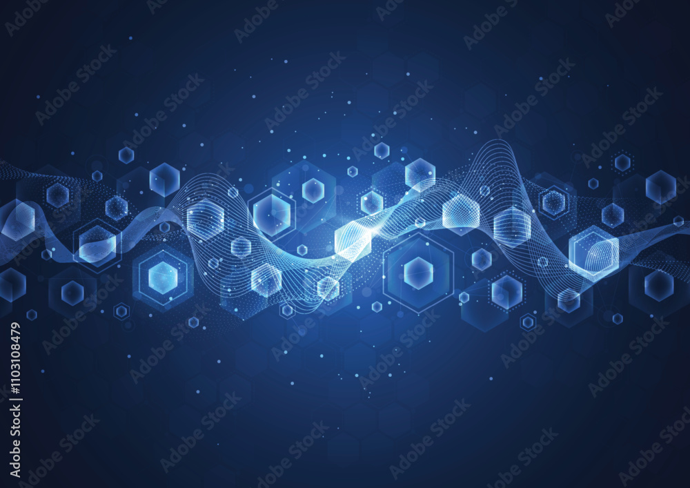 Poster abstract network technology communication blue hexagons background. connection concept with mesh dot