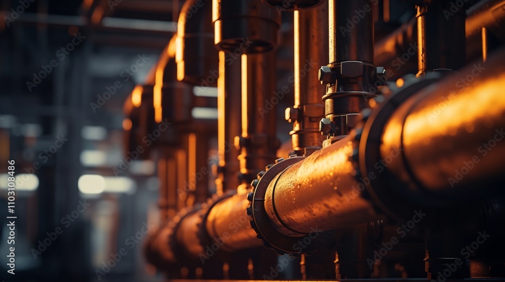 Aufkleber closeup view showcasing the intricate metallic textures and details of industrial pipes with a glowi