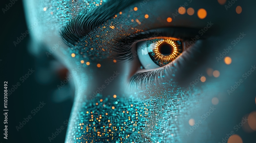 Poster an abstract representation of an ai entity with glowing eyes and circuits, evoking both wonder and c