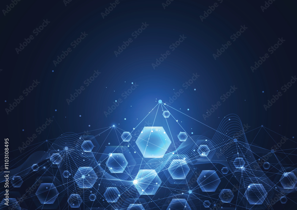 Poster abstract communication technology blue hexagons background for network connection concept with mesh 