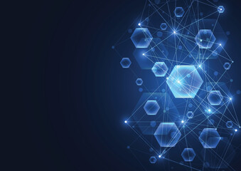 Abstract communication technology blue hexagons background for Network connection concept with mesh dots and lines innovation. Vector illustration
