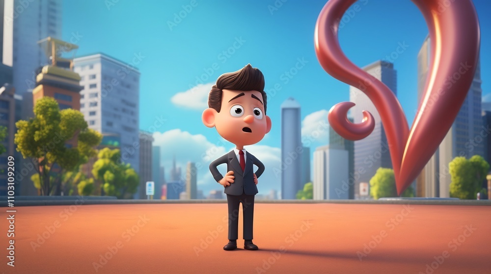 Aufkleber 3d cartoon business character standing contemplatively in front of a large question mark symbolizing
