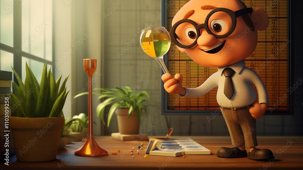 Poster a 3d cartoon character with a magnifying glass closely examining and analyzing a growth chart or bus