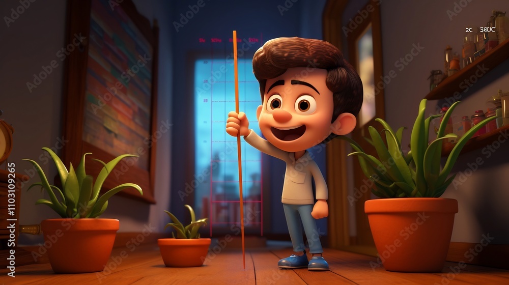 Poster of a 3d cartoon character using a magnifying glass to closely examine a growth chart or business gra