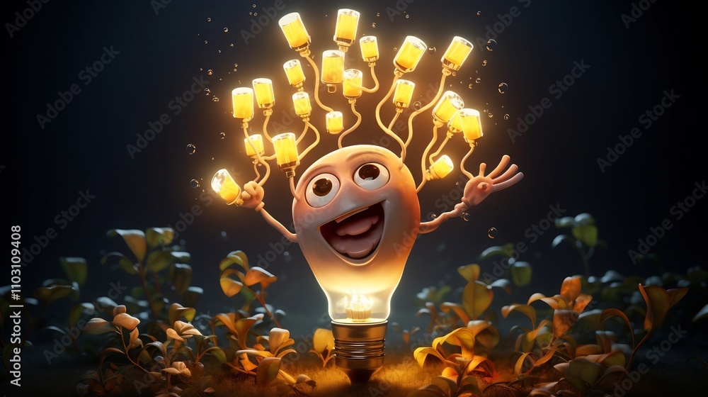 Poster creative 3d cartoon character brainstorming with a glowing lightbulb above their head signifying an 
