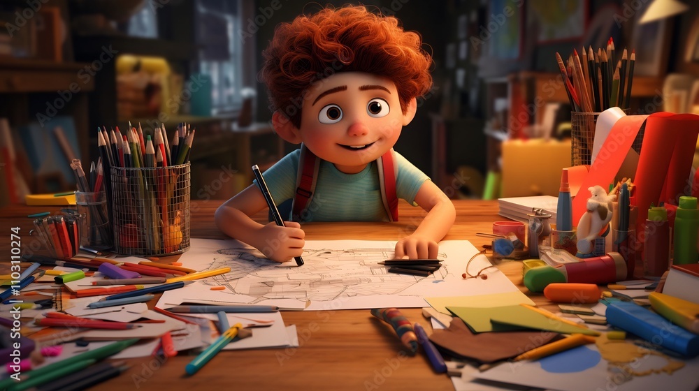 Aufkleber a cheerful 3d cartoon child joyfully drawing and creating with an array of colorful crayons and art 
