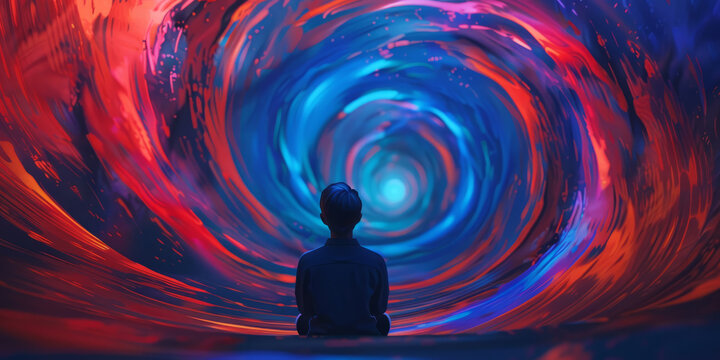 A person trapped in a never-ending cycle of thoughts, represented by swirling patterns and colors.