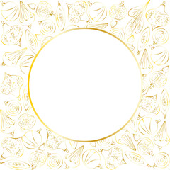 New Year and Christmas round frame for text in square. Golden contours of Christmas decoration on a white background. Template with space for text for a card, invitation, flyer, tag, design element.