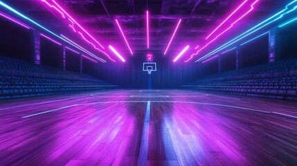 Neon Glowing 3D Render of Basketball Court on Black Background - Abstract Style