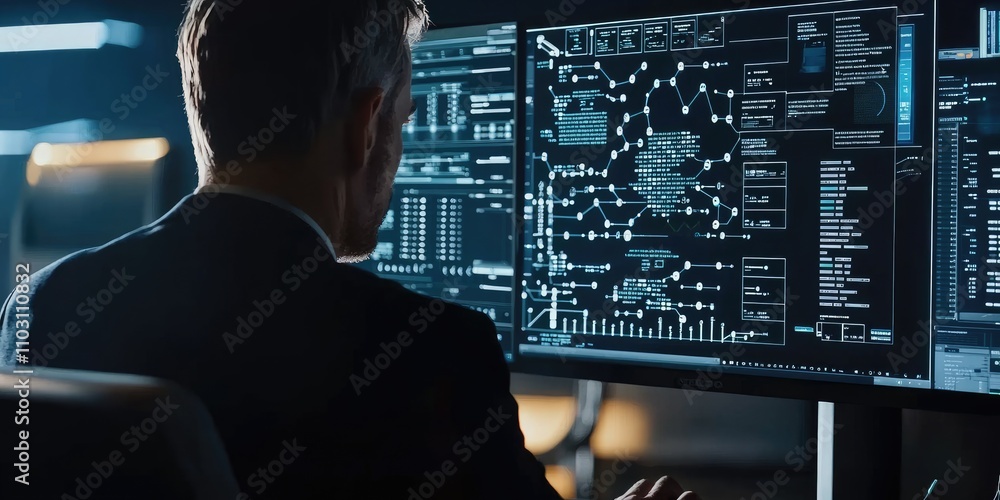 Fototapete A businessman working on a computer, managing automation through flowcharts on a virtual interface.