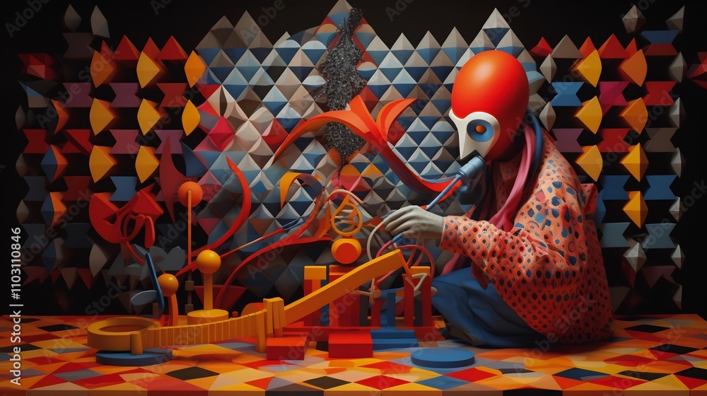 Poster a cheerful 3d cartoon character weaving an intricate tapestry with vibrant geometric patterns showca