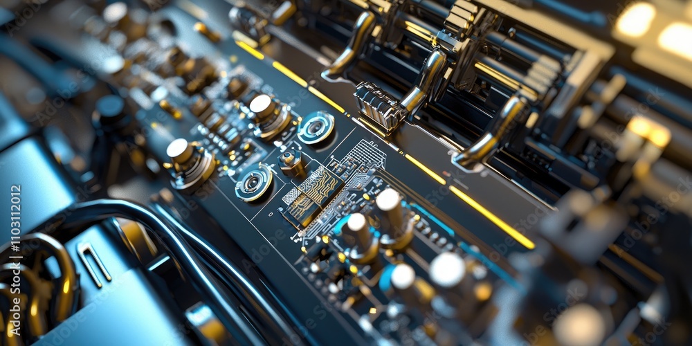 Aufkleber A close-up of a smart machine with digital controls and circuits, symbolizing the integration of advanced technology and automation systems in modern manufacturing.