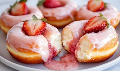 Fluffy donuts filled with a rich and creamy strawberry cheese filling, topped with a glossy strawberry glaze and decorated with fresh strawberry slices. Generative AI 