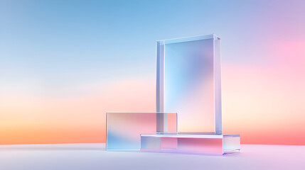 3d render, abstract geometric background, translucent glass with violet pink blue gradient, simple square shapes