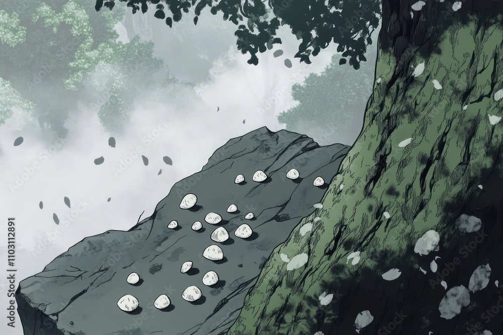 Poster a serene landscape featuring a rocky surface with small white objects and a lush tree backdrop.